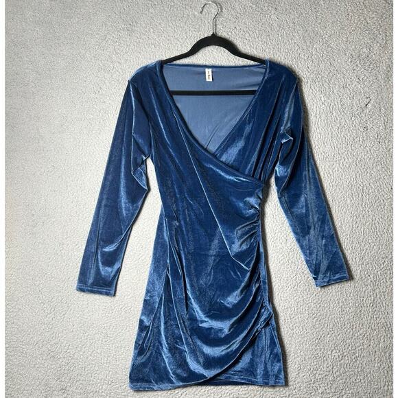 Velvet Dress Womens S Blue Ruched V‎ Neck Bodycon Formal Party Xmas NEW - Picture 1 of 10